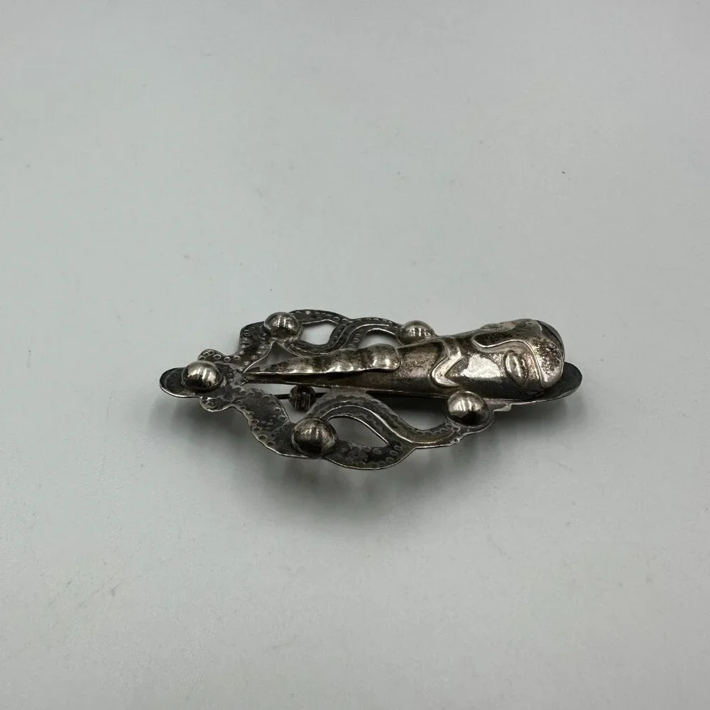 Vintage Mask Brooch Sterling Silver Tribal Face Figural Abstract Ethnic Artisan